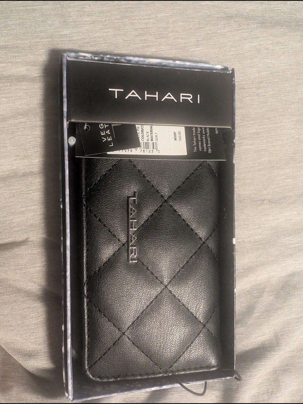 Tahari Black Quilted Vegan Leather Wallet Phone Case with Logo